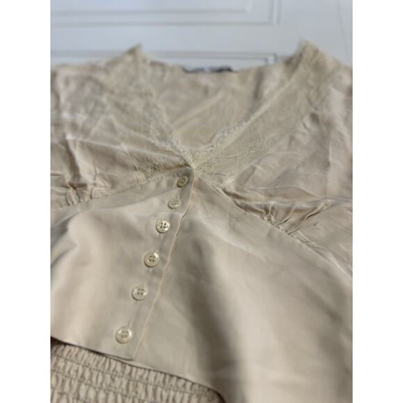 Zara Tan Long Sleeve Cropped Top Size XS Lace Button Up Smocked Shirt - Picture 2 of 6